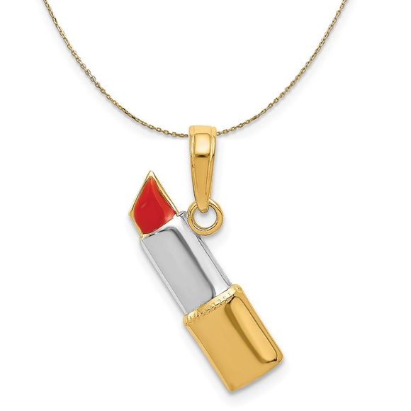 14k Yellow Gold, White Rhodium Enamel Red Lipstick Necklace - 20 Inch